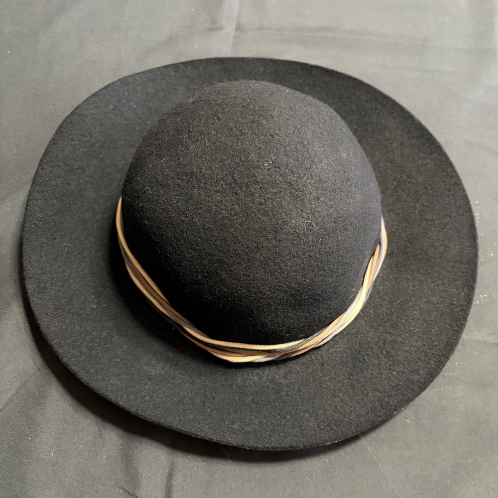 Black Round Crown WideBrim Felt Hat w/Multicolor Braided Band Boho Western Sz 58